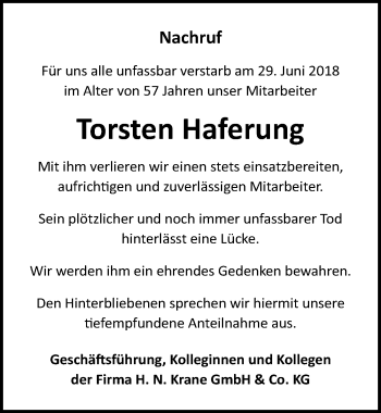 Traueranzeige von Torsten Haferung von Ostsee-Zeitung GmbH