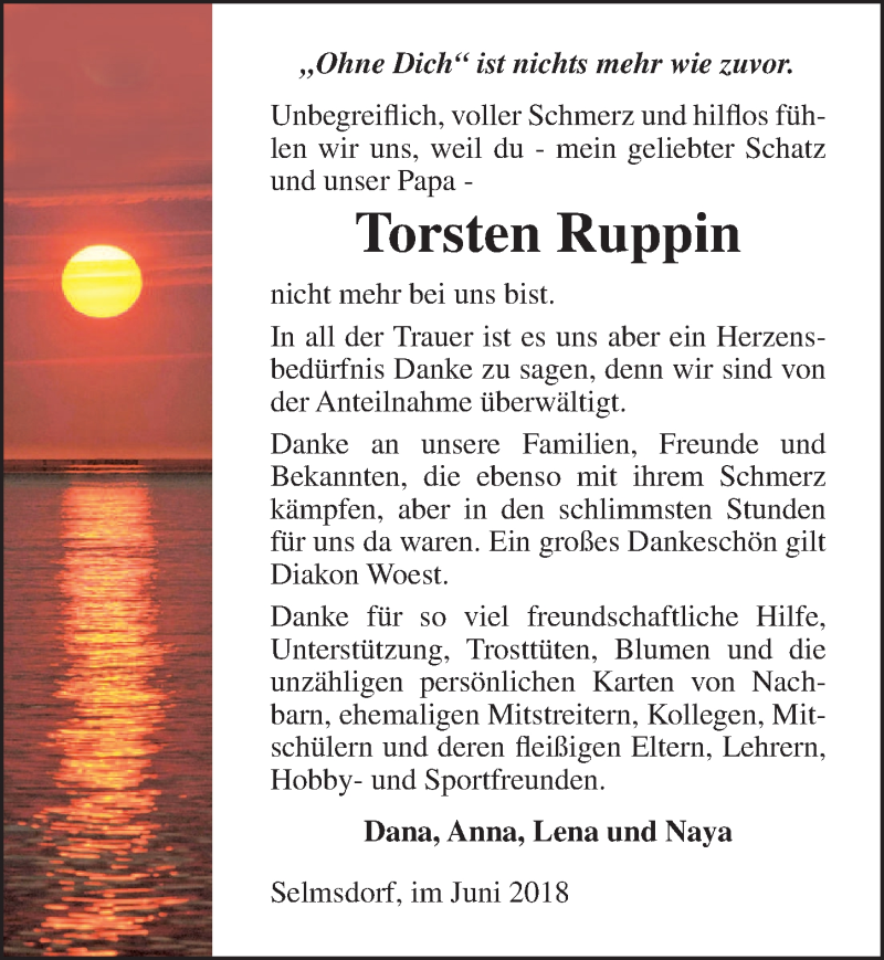  Traueranzeige für Torsten Ruppin vom 21.07.2018 aus Ostsee-Zeitung GmbH