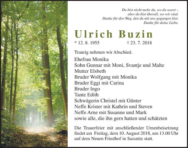  Traueranzeige für Ulrich Buzin vom 28.07.2018 aus Ostsee-Zeitung GmbH