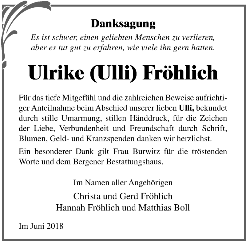  Traueranzeige für Ulrike Fröhlich vom 07.07.2018 aus Ostsee-Zeitung GmbH