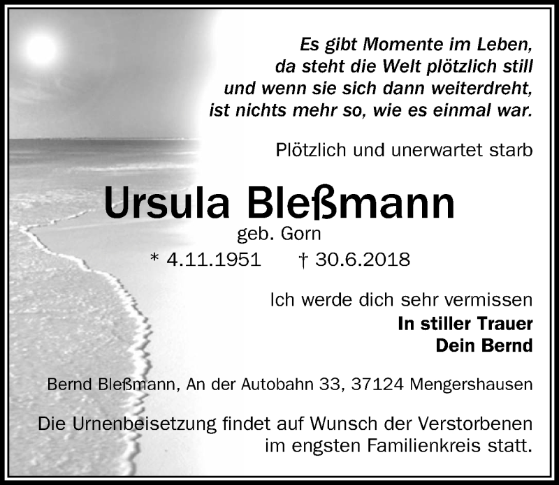  Traueranzeige für Ursula Bleßmann vom 14.07.2018 aus Göttinger Tageblatt