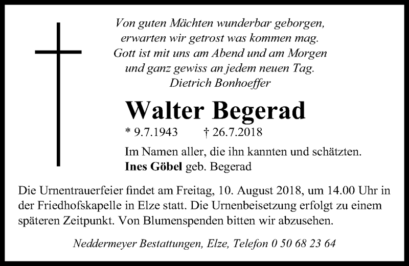 Traueranzeige für Walter Begerad vom 28.07.2018 aus Hannoversche Allgemeine Zeitung/Neue Presse