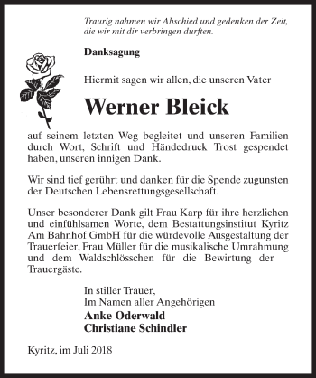 Traueranzeige von Werner Bleick von Märkischen Allgemeine Zeitung