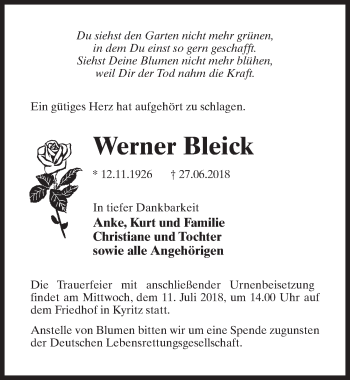 Traueranzeige von Werner Bleick von Märkischen Allgemeine Zeitung