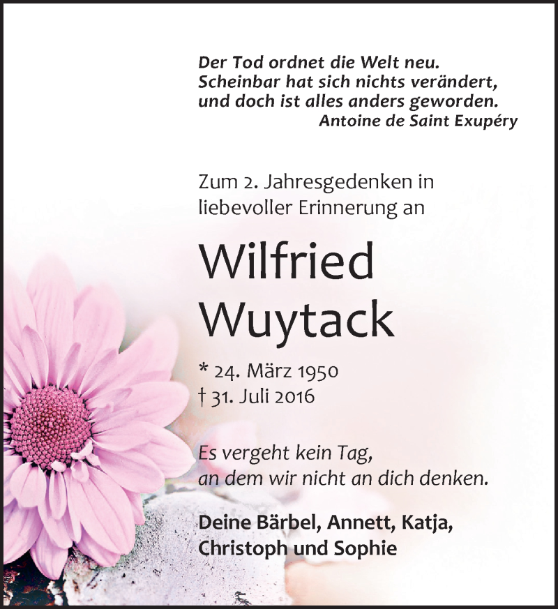  Traueranzeige für Wilfried Wuytack vom 31.07.2018 aus Leipziger Volkszeitung