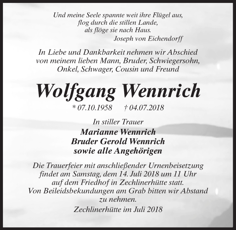  Traueranzeige für Wolfgang Wennrich vom 10.07.2018 aus Märkischen Allgemeine Zeitung