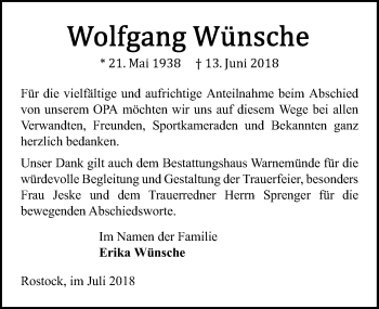 Traueranzeige von Wolfgang Wünsche von Ostsee-Zeitung GmbH
