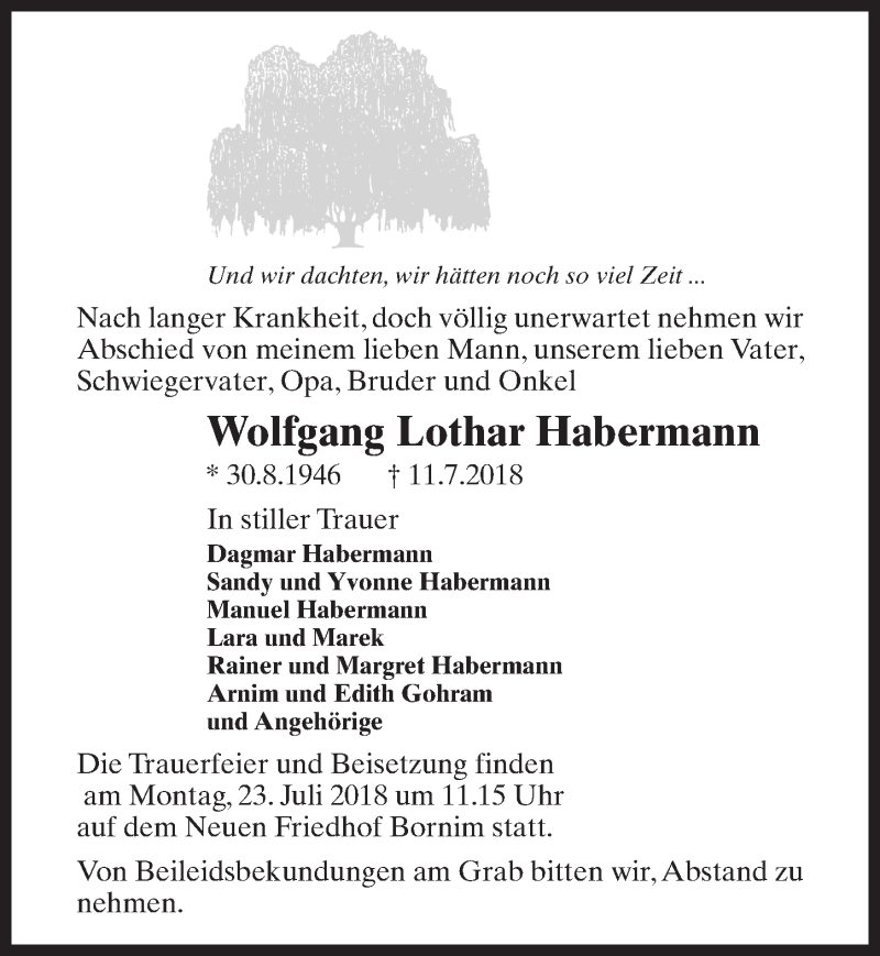  Traueranzeige für Wolfgang Lothar Habermann vom 21.07.2018 aus Märkischen Allgemeine Zeitung