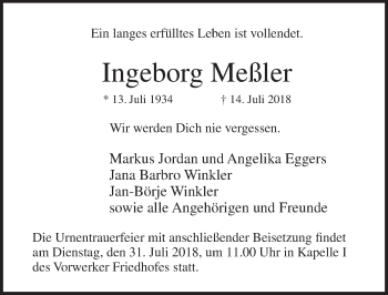 Traueranzeige von Ingeborg Meßler von Lübecker Nachrichten