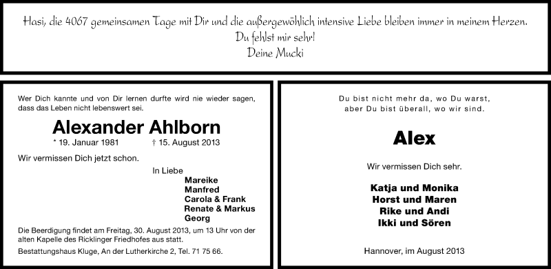  Traueranzeige für Alexander  Ahlborn vom 24.08.2013 aus Hannoversche Allgemeine Zeitung/Neue Presse