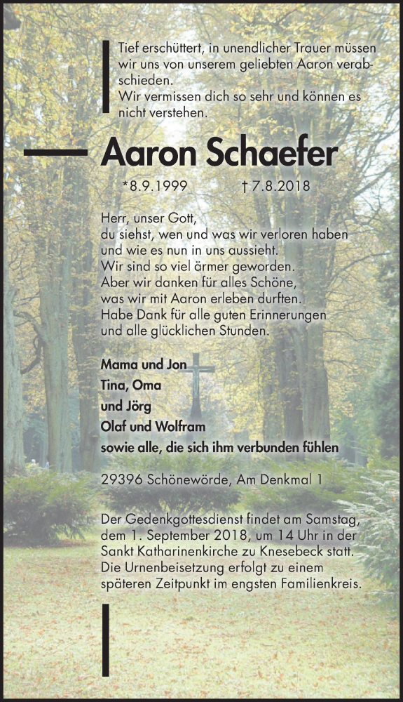  Traueranzeige für Aaron Schaefer vom 22.08.2018 aus Aller Zeitung