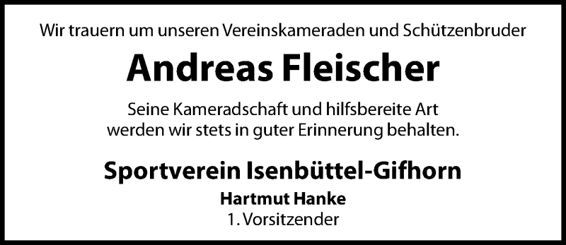  Traueranzeige für Andreas Fleischer vom 08.08.2018 aus Aller Zeitung