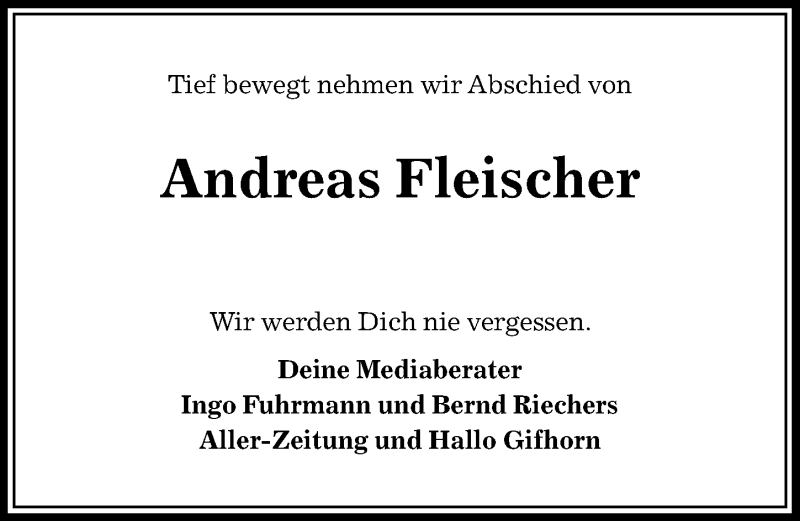  Traueranzeige für Andreas Fleischer vom 07.08.2018 aus Aller Zeitung