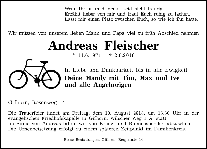  Traueranzeige für Andreas Fleischer vom 07.08.2018 aus Aller Zeitung