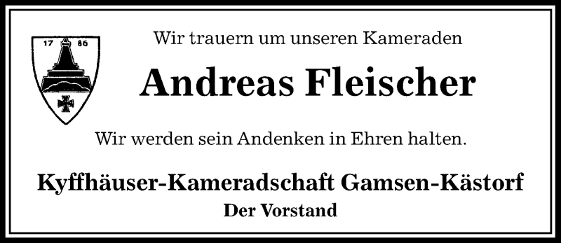 Traueranzeige für Andreas Fleischer vom 10.08.2018 aus Aller Zeitung