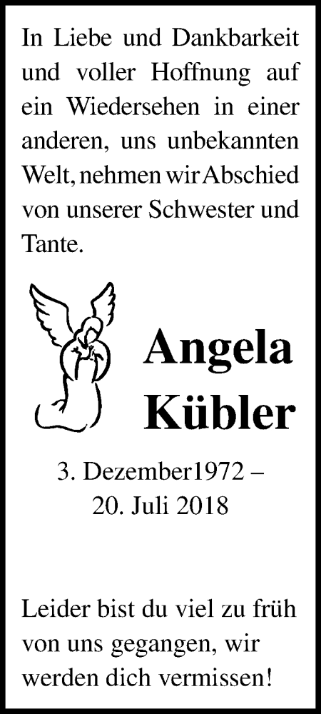 Traueranzeige für Angela Kübler vom 12.08.2018 aus Lübecker Nachrichten
