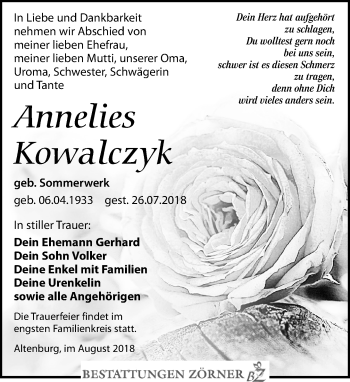 Traueranzeige von Annelies Kowalczyk von Leipziger Volkszeitung