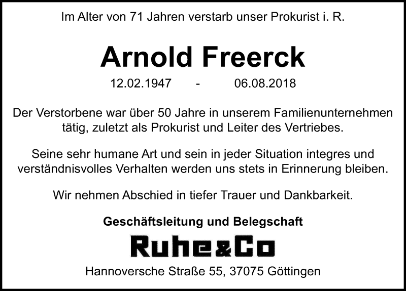  Traueranzeige für Arnold Freerck vom 11.08.2018 aus Göttinger Tageblatt