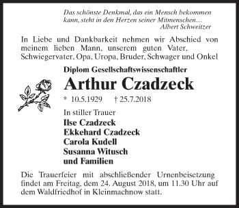 Traueranzeige von Arthur Czadzeck von Märkischen Allgemeine Zeitung