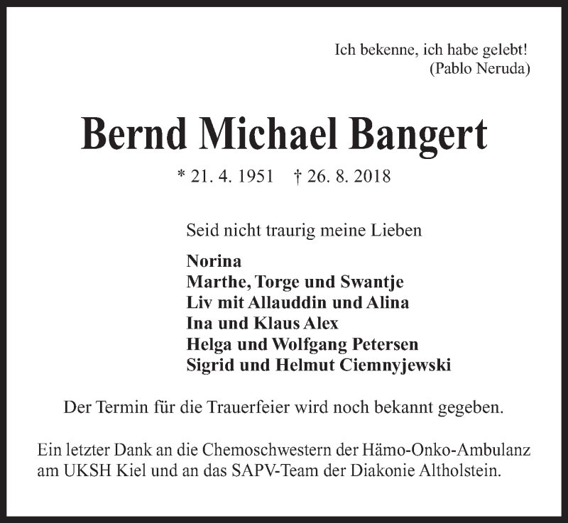  Traueranzeige für Bernd Michael Bangert vom 01.09.2018 aus Kieler Nachrichten