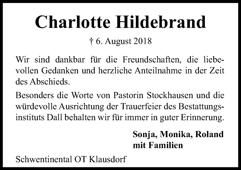 Traueranzeige für Charlotte Hildebrand vom 01.09.2018 aus Kieler Nachrichten