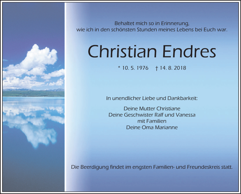  Traueranzeige für Christian Endres vom 18.08.2018 aus Göttinger Tageblatt