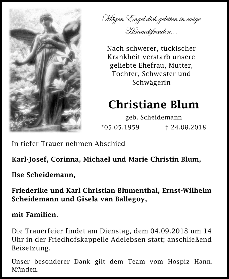  Traueranzeige für Christiane Blum vom 28.08.2018 aus Göttinger Tageblatt
