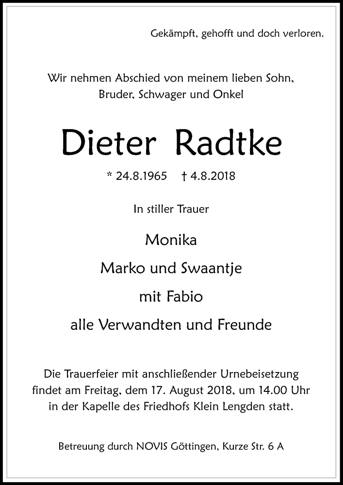  Traueranzeige für Dieter Radtke vom 11.08.2018 aus Göttinger Tageblatt