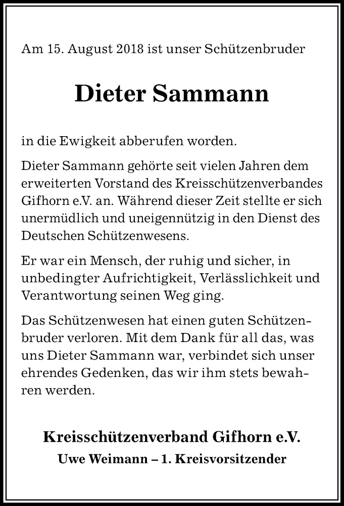  Traueranzeige für Dieter Sammann vom 21.08.2018 aus Aller Zeitung