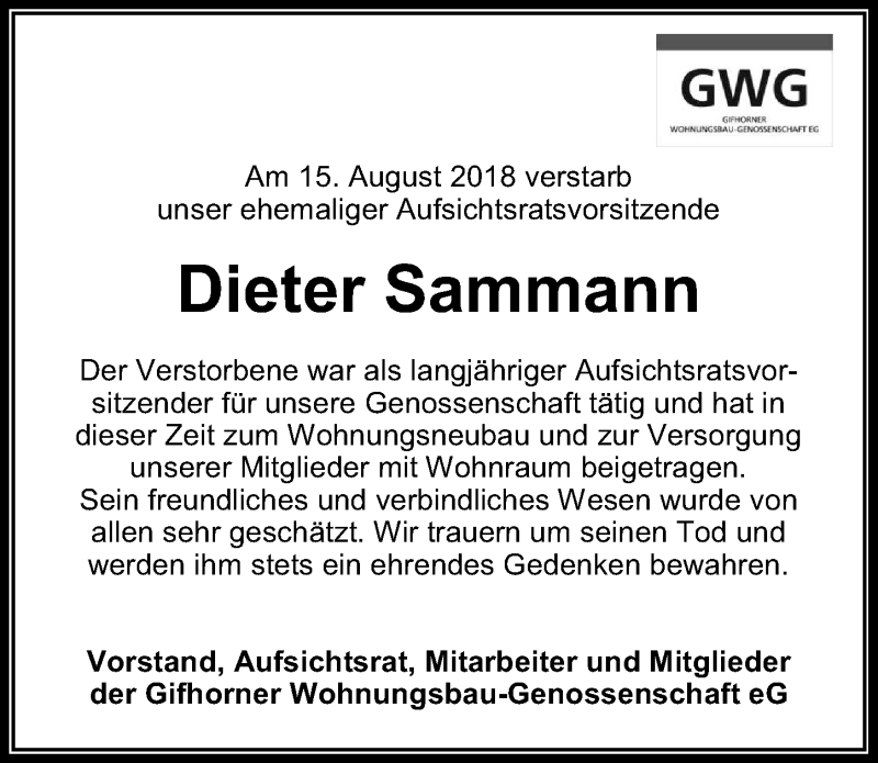  Traueranzeige für Dieter Sammann vom 21.08.2018 aus Aller Zeitung