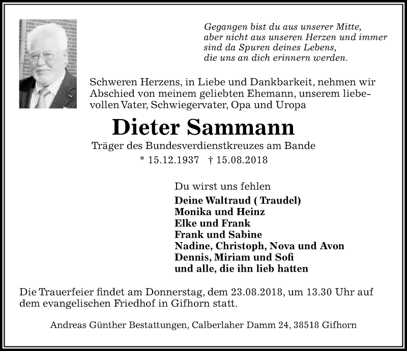  Traueranzeige für Dieter Sammann vom 18.08.2018 aus Aller Zeitung