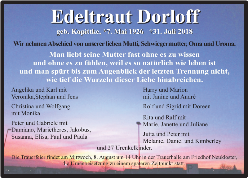  Traueranzeige für Edeltraut Dorloff vom 04.08.2018 aus Ostsee-Zeitung GmbH