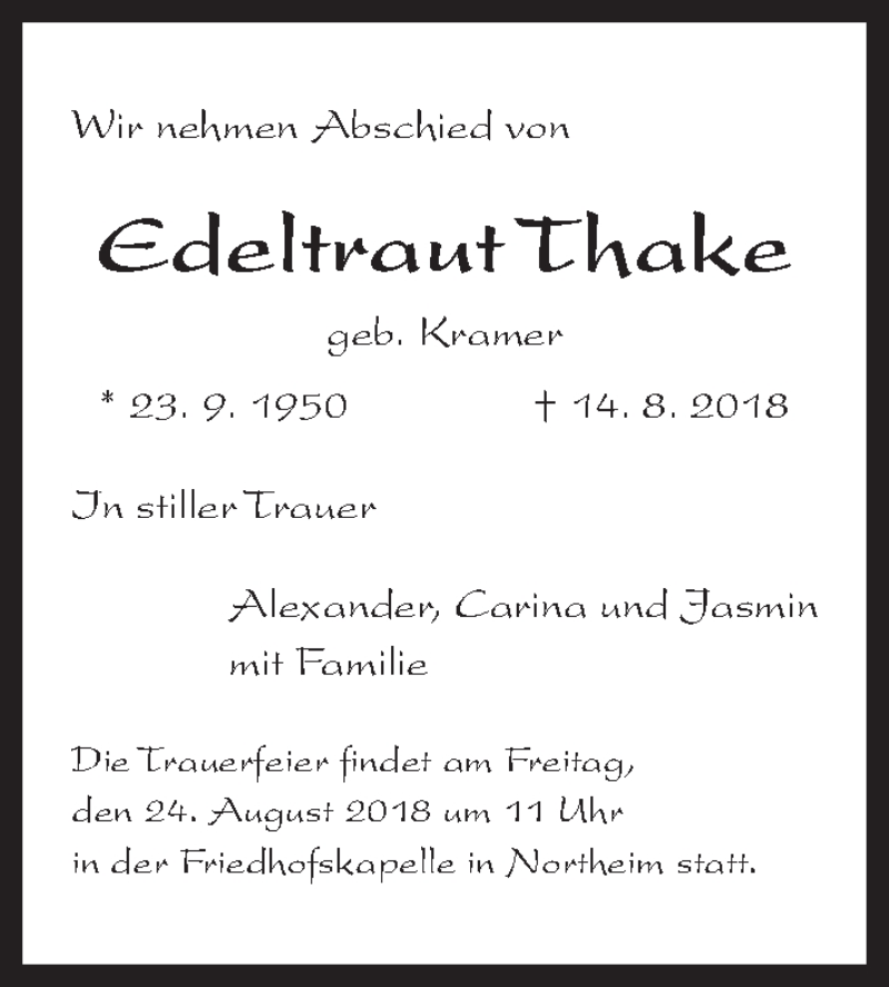  Traueranzeige für Edeltraut Thake vom 18.08.2018 aus Hannoversche Allgemeine Zeitung/Neue Presse