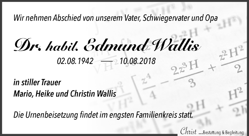  Traueranzeige für Edmund Wallis vom 18.08.2018 aus Leipziger Volkszeitung