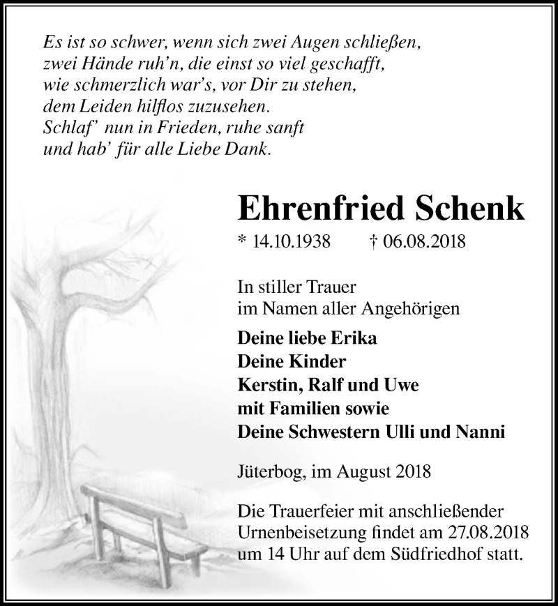  Traueranzeige für Ehrenfried Schenk vom 18.08.2018 aus Märkischen Allgemeine Zeitung