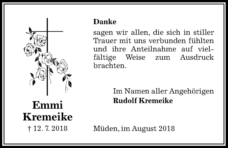  Traueranzeige für Emmi Kremeike vom 11.08.2018 aus Aller Zeitung