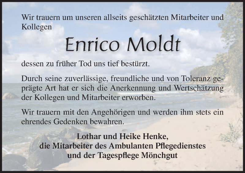  Traueranzeige für Enrico Moldt vom 18.08.2018 aus Ostsee-Zeitung GmbH