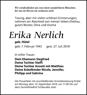 Traueranzeige von Erika Nerlich von Leipziger Volkszeitung