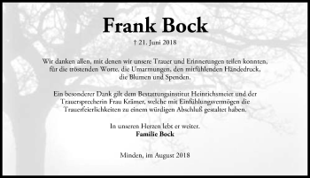 Traueranzeige von Frank Bock von Hannoversche Allgemeine Zeitung/Neue Presse