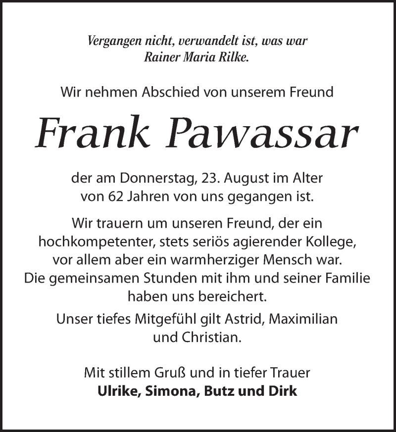  Traueranzeige für Frank Pawassar vom 28.08.2018 aus Dresdner Neue Nachrichten