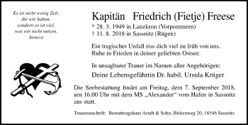 Traueranzeige von Friedrich Freese von Ostsee-Zeitung GmbH