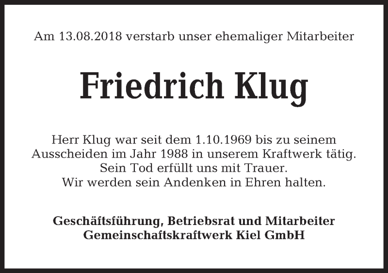  Traueranzeige für Friedrich Klug vom 22.08.2018 aus Kieler Nachrichten