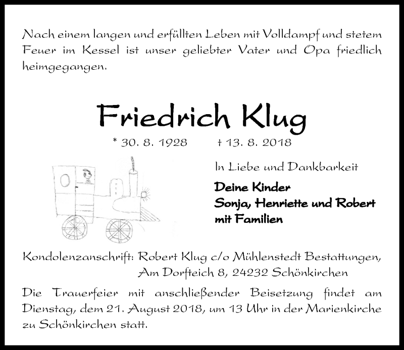  Traueranzeige für Friedrich Klug vom 18.08.2018 aus Kieler Nachrichten