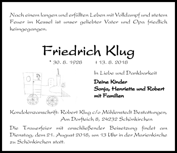 Traueranzeige von Friedrich Klug von Kieler Nachrichten