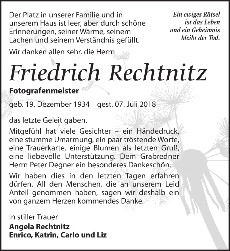  Traueranzeige für Friedrich Rechtnitz vom 25.08.2018 aus Leipziger Volkszeitung