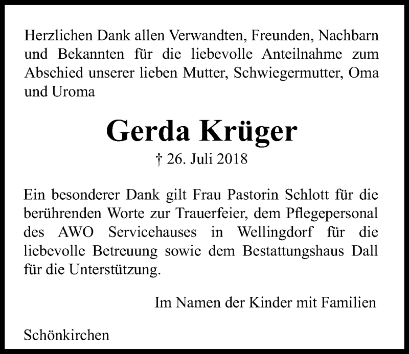  Traueranzeige für Gerda Krüger vom 25.08.2018 aus Kieler Nachrichten