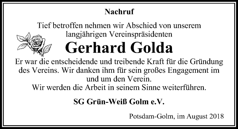  Traueranzeige für Gerhard Golda vom 18.08.2018 aus Märkischen Allgemeine Zeitung