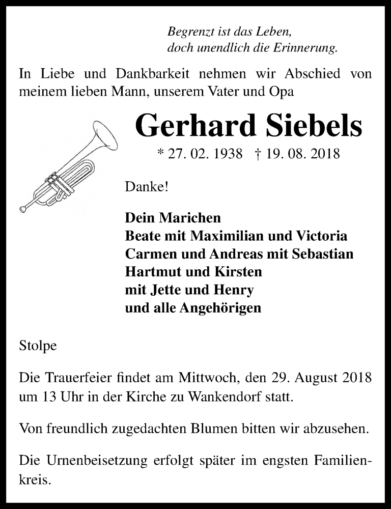  Traueranzeige für Gerhard Siebels vom 25.08.2018 aus Kieler Nachrichten