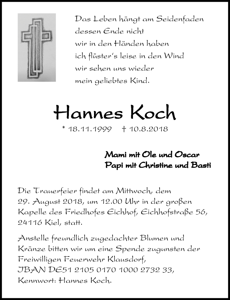  Traueranzeige für Hannes Koch vom 25.08.2018 aus Kieler Nachrichten