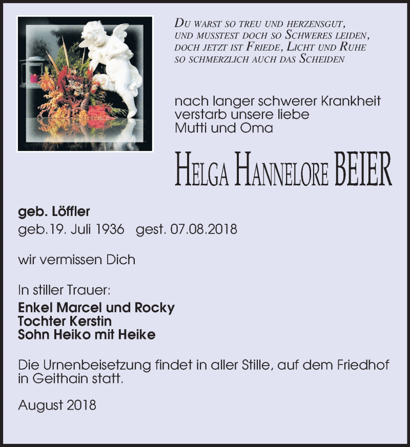  Traueranzeige für Helga Hannelore Beier vom 11.08.2018 aus Leipziger Volkszeitung